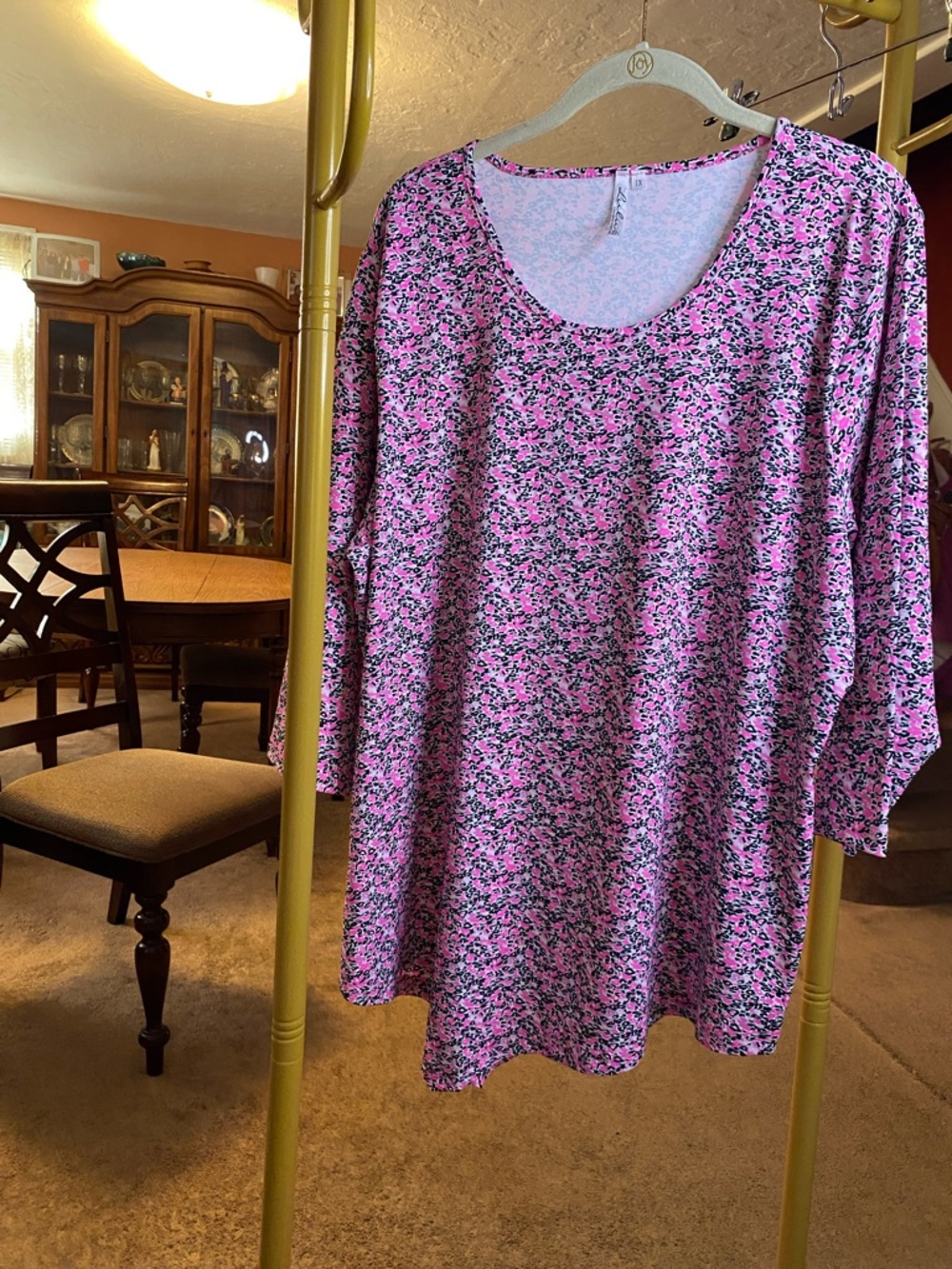 LuLa B Pink and Black Floral Scoop Neck Long Sleeve Top